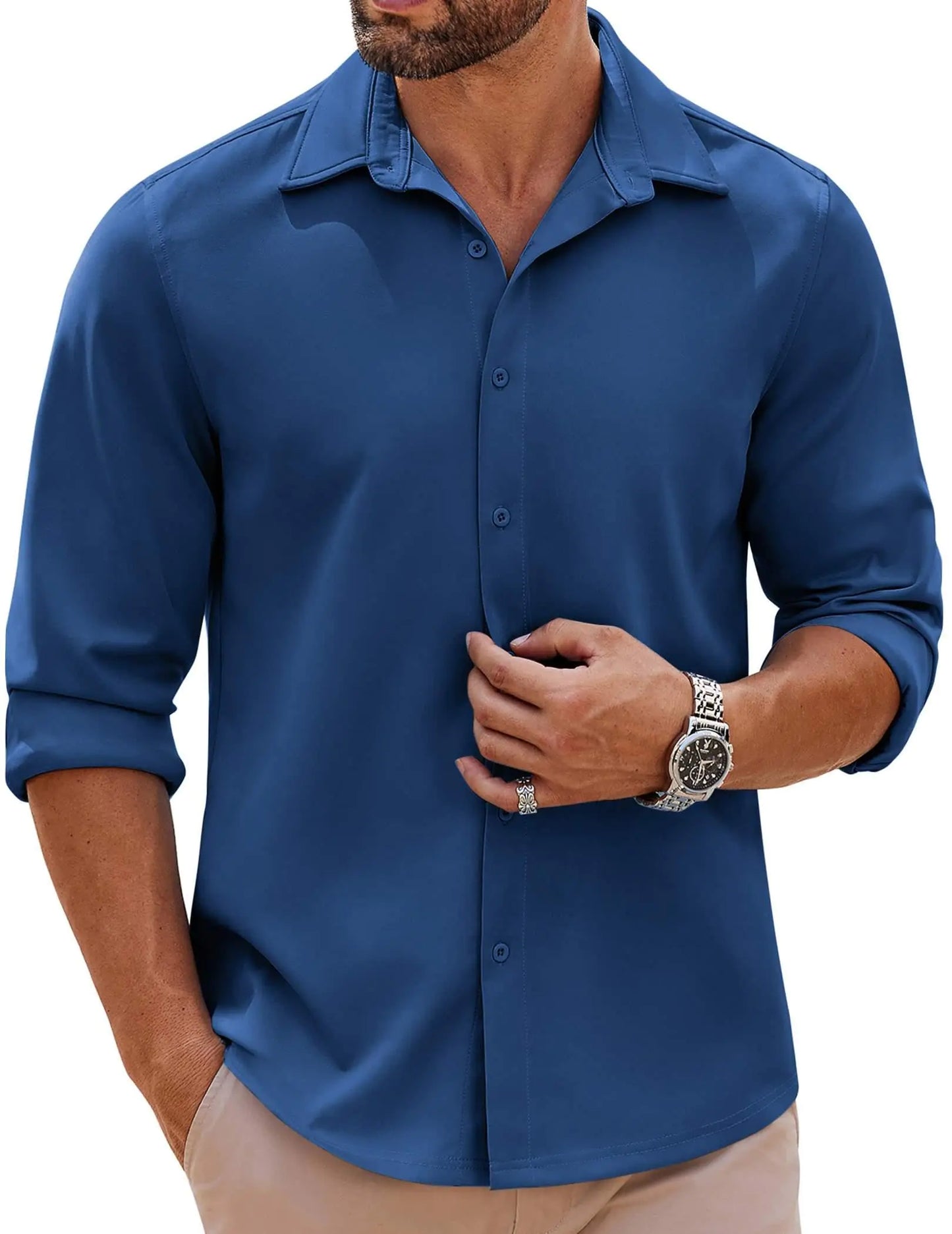 COOFANDY Mens Long Sleeve Button Down Shirts Casual Untucked Shirts Stretch Shirts Dark Blue